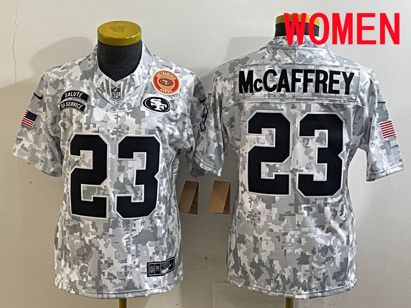 Women San Francisco 49ers #23 Mccaffrey Nike Arctic Camo 2025 Salute to Service Limited NFL Jersey style 6->women nfl jersey->Women Jersey